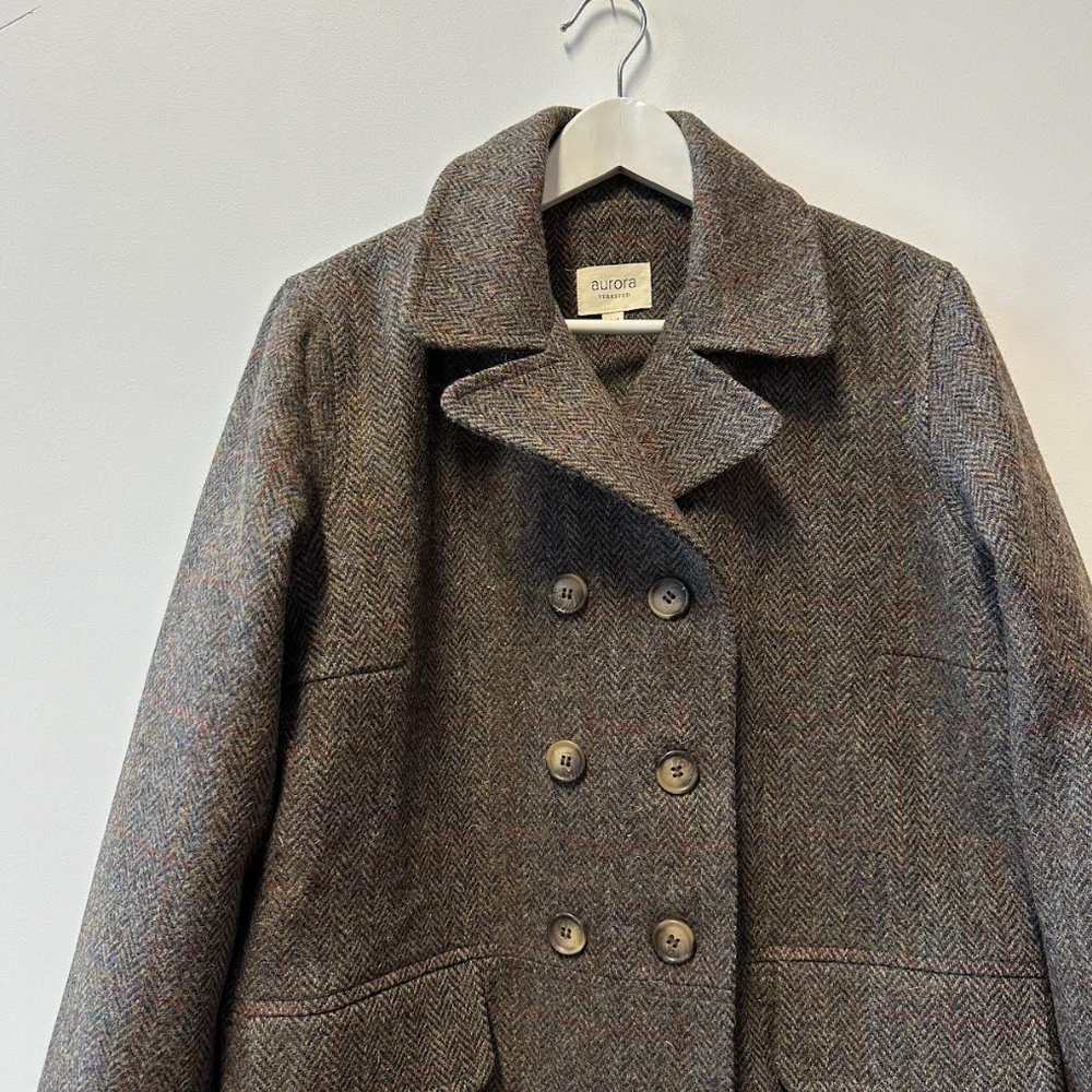 Kåpe Dobbeltspent Harris Tweed Brun Fiskenben Ny