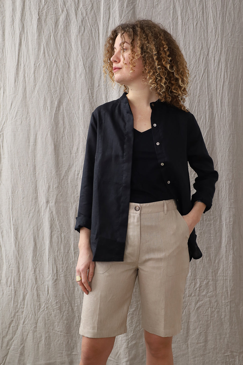 Shirt Front Linen Black Re-